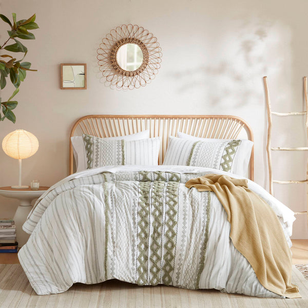 English Elm 3 Pcs King/Cal King Chenille Cotton Comforter Set In Sage/Ivory For Luxurious Bedroom Style B035P319204