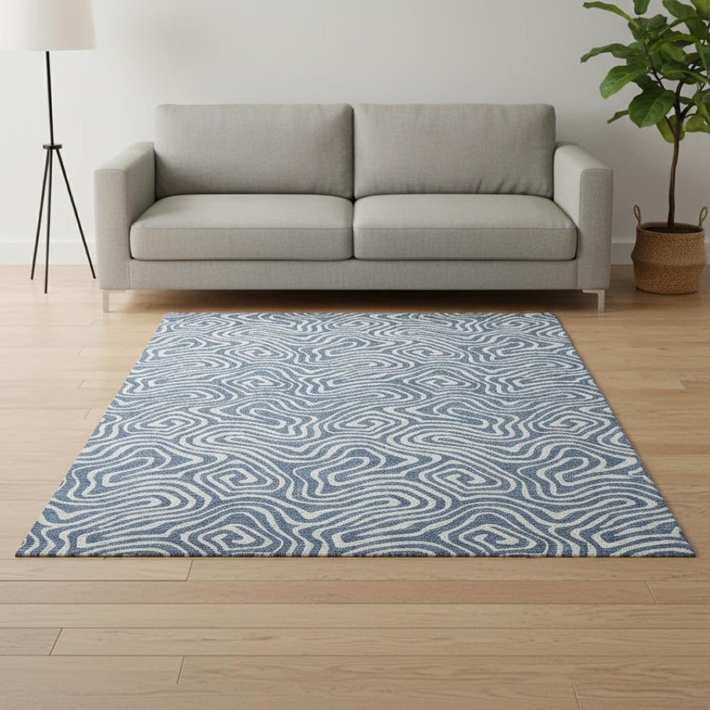 HomeRoots 5' Denim Blue and Ivory Abstract Area Rug - Washable, Stain-Resistant, UV-Protected for Modern Homes 680857