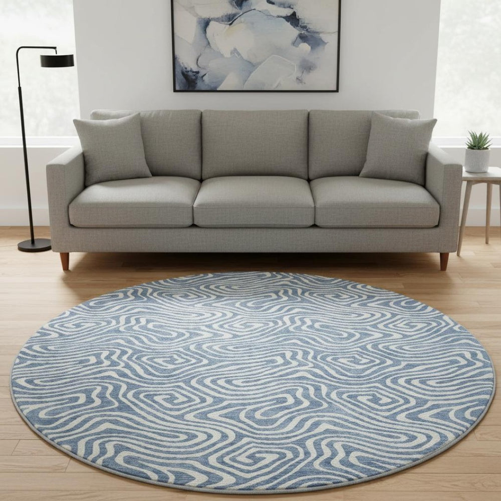 HomeRoots 8' Chic Denim Blue & Ivory Abstract Washable Round Rug - Stain-Resistant, UV Protected for All Spaces 680858