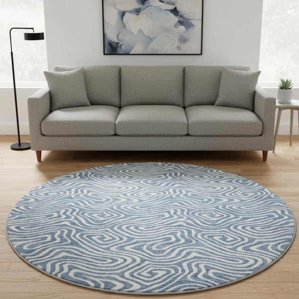 HomeRoots 8' Chic Denim Blue & Ivory Abstract Washable Round Rug - Stain-Resistant, UV Protected for All Spaces 680858