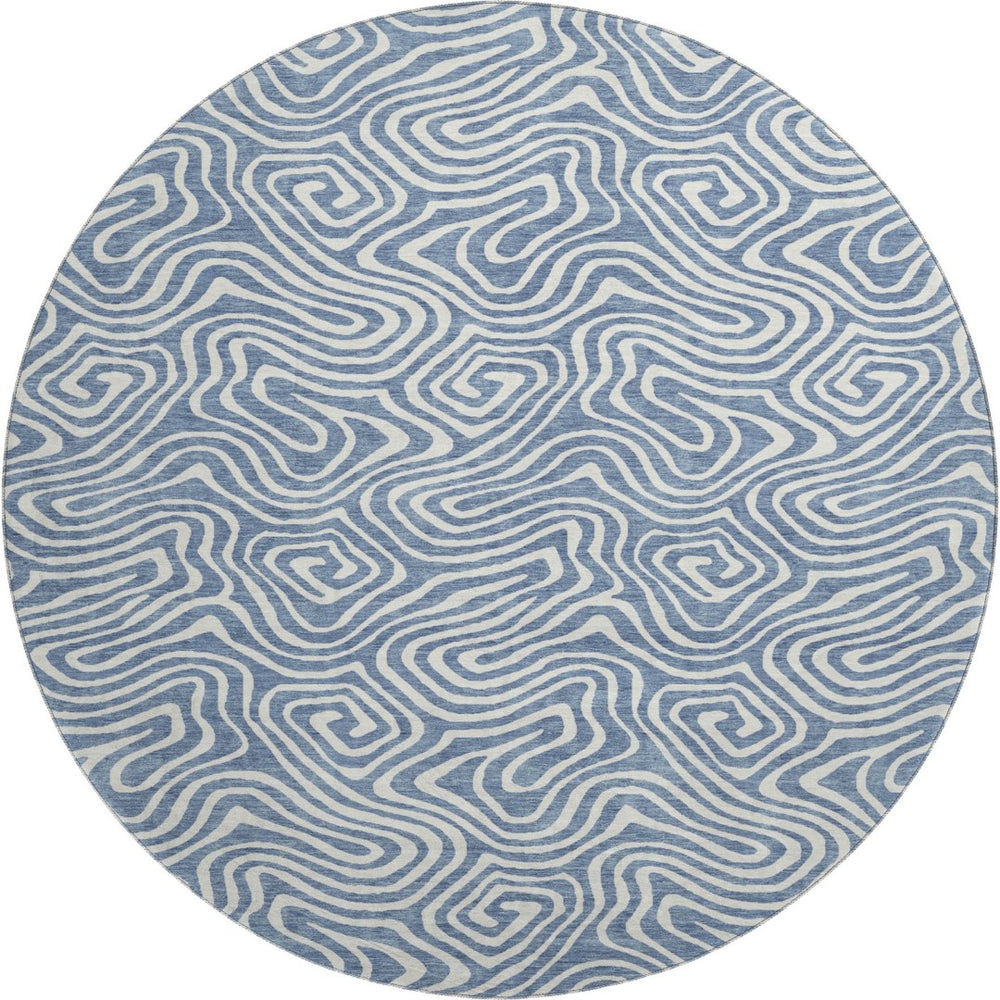 HomeRoots 8' Chic Denim Blue & Ivory Abstract Washable Round Rug - Stain-Resistant, UV Protected for All Spaces 680858