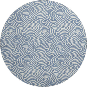 HomeRoots 8' Chic Denim Blue & Ivory Abstract Washable Round Rug - Stain-Resistant, UV Protected for All Spaces 680858