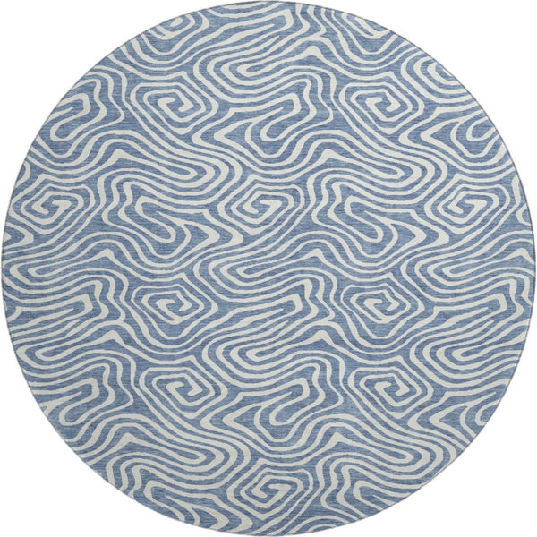 HomeRoots 8' Chic Denim Blue & Ivory Abstract Washable Round Rug - Stain-Resistant, UV Protected for All Spaces 680858