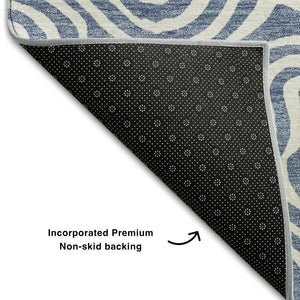 HomeRoots 8' Chic Denim Blue & Ivory Abstract Washable Round Rug - Stain-Resistant, UV Protected for All Spaces 680858