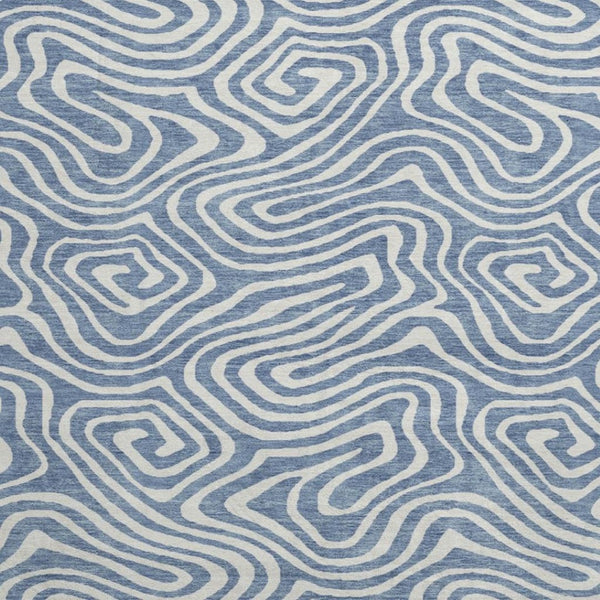 HomeRoots 8' Chic Denim Blue & Ivory Abstract Washable Round Rug - Stain-Resistant, UV Protected for All Spaces 680858