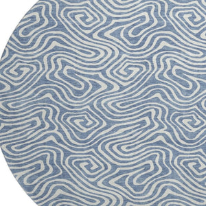 HomeRoots 8' Chic Denim Blue & Ivory Abstract Washable Round Rug - Stain-Resistant, UV Protected for All Spaces 680858