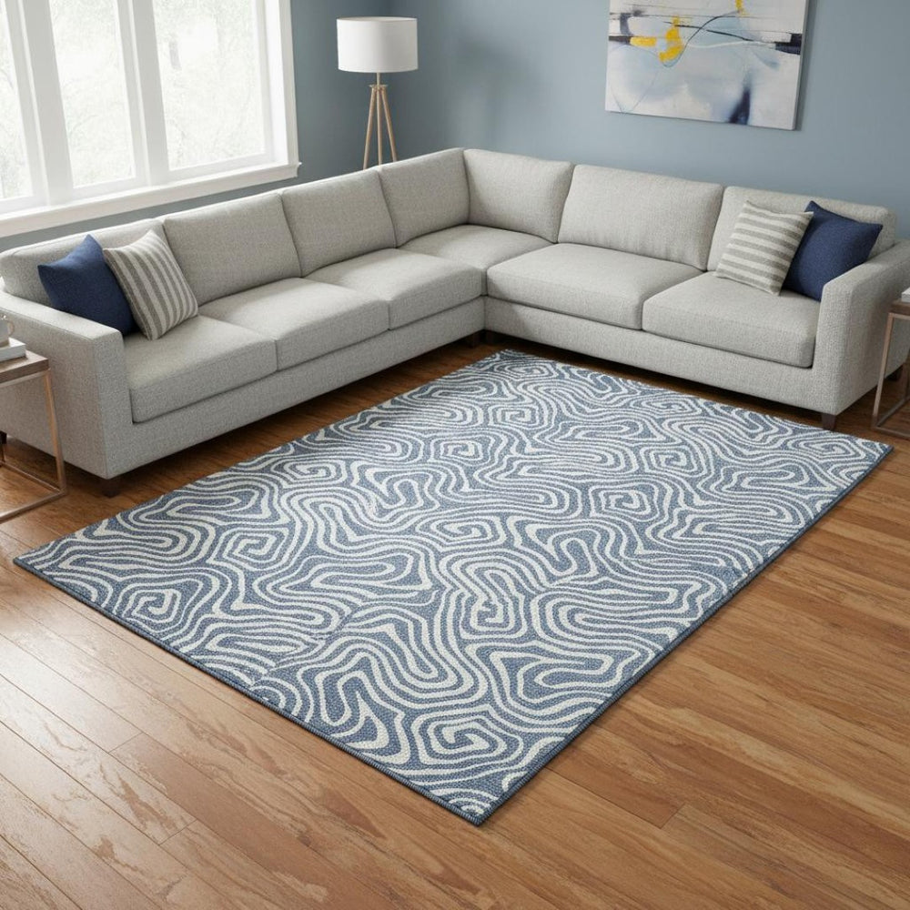 HomeRoots 8' X 10' Stylish Denim Blue and Ivory Abstract Washable Area Rug with UV Protection for Homes 680859