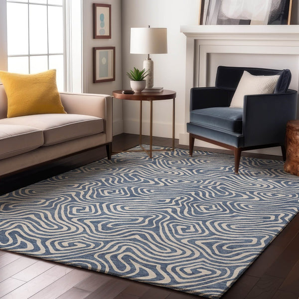 HomeRoots 8' X 10' Stylish Denim Blue and Ivory Abstract Washable Area Rug with UV Protection for Homes 680859