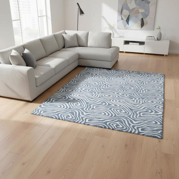 HomeRoots 9' X 12' Denim Blue Abstract Area Rug - Stylish, Washable, UV Protected for High-Traffic Spaces 680860