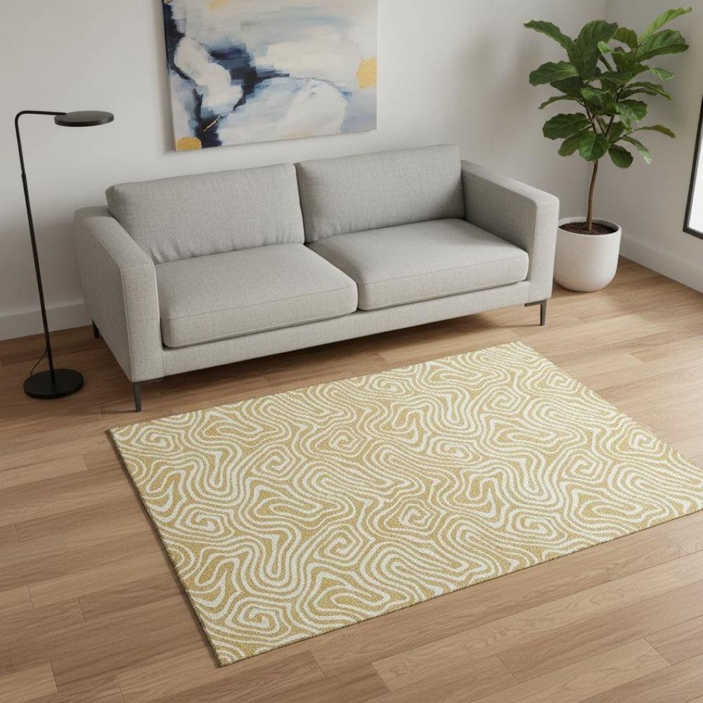 HomeRoots 5' X 8' Gold and Ivory Abstract Area Rug - Stain Resistant, Washable, UV Protected for High-Traffic Spaces 680863