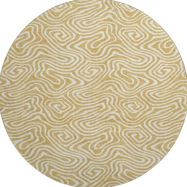 HomeRoots 8' Gold And Ivory Abstract Round Rug - Washable, Stain-Resistant, UV Protected for Modern Spaces 680864