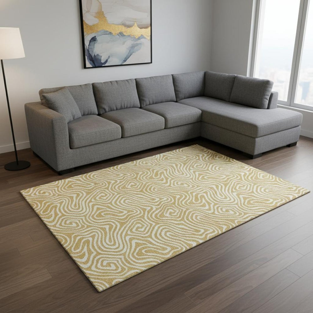 HomeRoots 9' X 12' Gold And Ivory Abstract Washable Area Rug - Stylish, Durable, Stain-Resistant, UV Protected Decor 680866