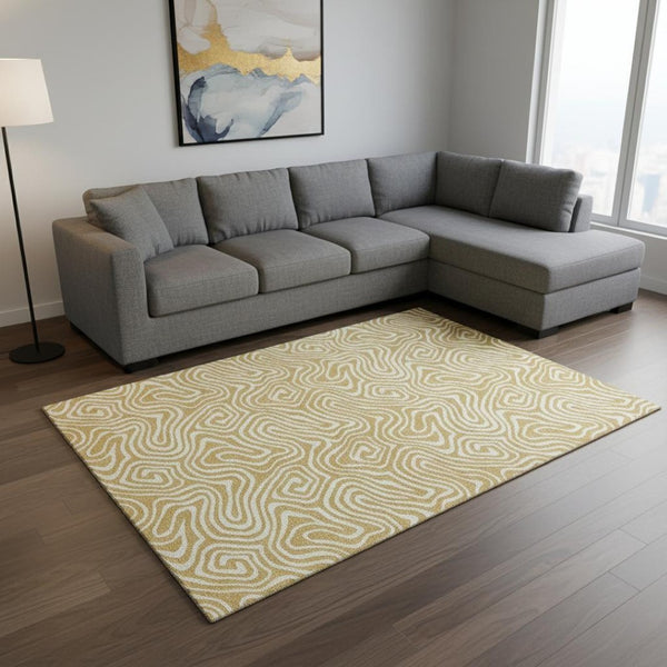 HomeRoots 9' X 12' Gold And Ivory Abstract Washable Area Rug - Stylish, Durable, Stain-Resistant, UV Protected Decor 680866