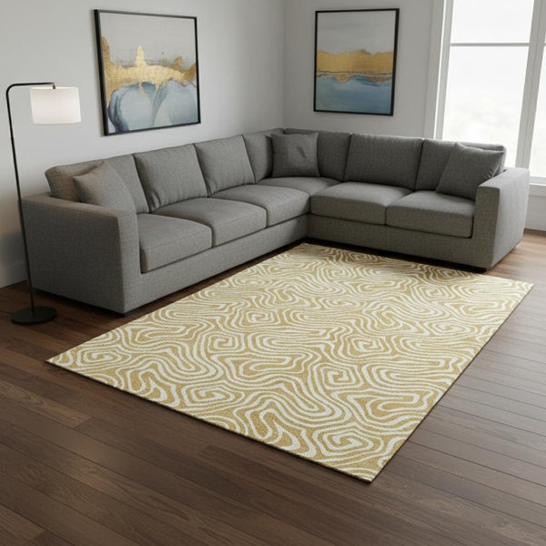 HomeRoots 10' X 14' Gold and Ivory Abstract Area Rug - Stylish, Stain-Resistant, UV-Protected for High Traffic Areas 680867
