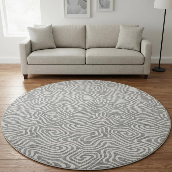 HomeRoots 8' Gray and Ivory Abstract Round Area Rug with UV Protection – Durable, Stain-Resistant, Non-Slip Design 680870