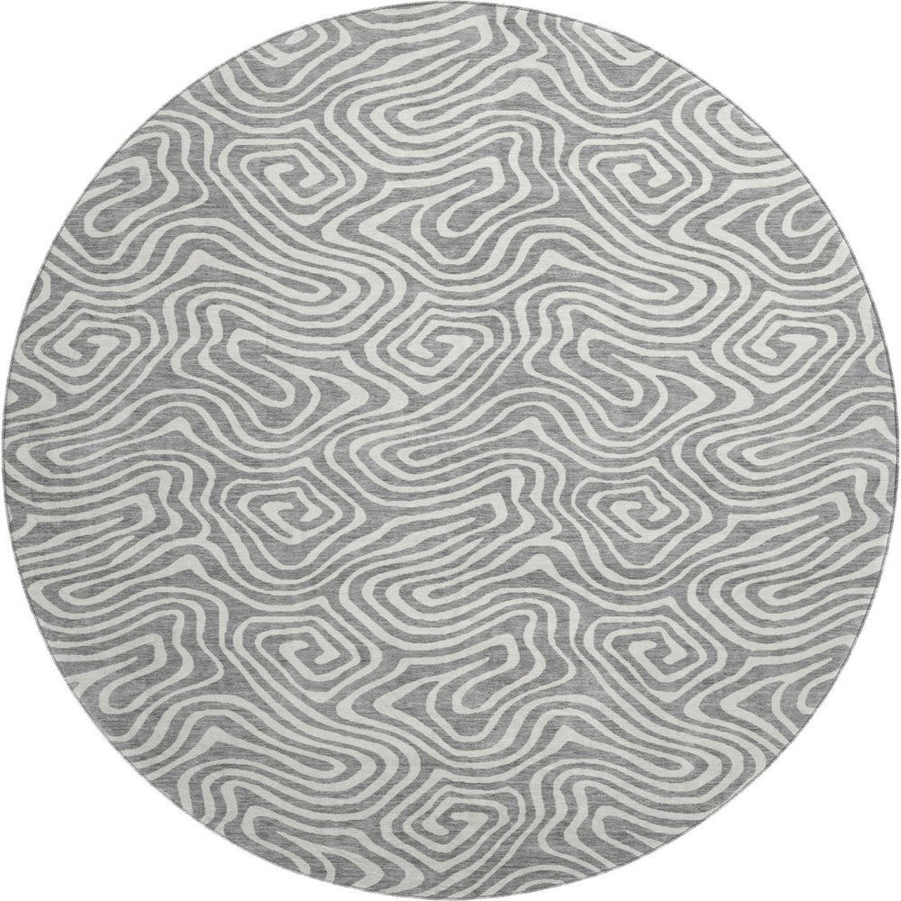 HomeRoots 8' Gray and Ivory Abstract Round Area Rug with UV Protection – Durable, Stain-Resistant, Non-Slip Design 680870