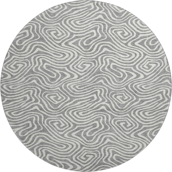 HomeRoots 8' Gray and Ivory Abstract Round Area Rug with UV Protection – Durable, Stain-Resistant, Non-Slip Design 680870