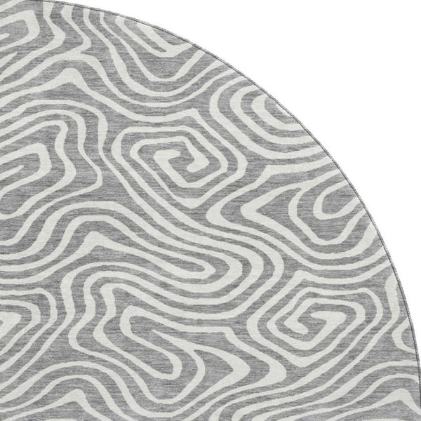 HomeRoots 8' Gray and Ivory Abstract Round Area Rug with UV Protection – Durable, Stain-Resistant, Non-Slip Design 680870