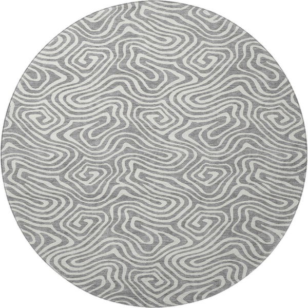 HomeRoots 8' Gray and Ivory Abstract Round Area Rug with UV Protection – Durable, Stain-Resistant, Non-Slip Design 680870