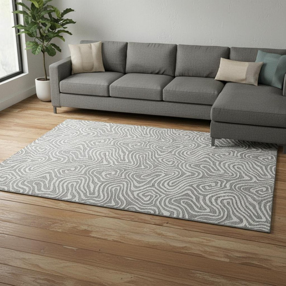HomeRoots 9' X 12' Gray and Ivory Abstract Area Rug - Washable, UV Protected, Durable for High-Traffic Homes 680872