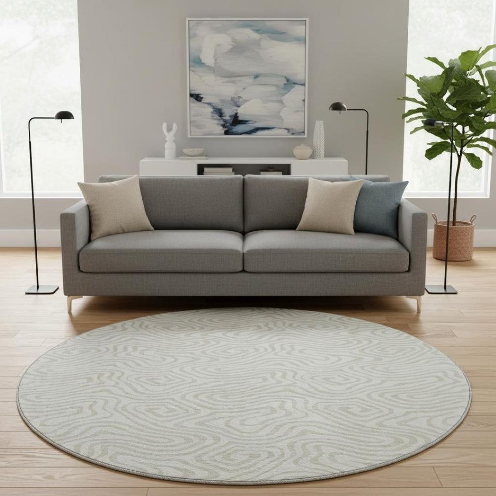 HomeRoots 8' Ivory and Beige Abstract Round Rug - Washable, UV-Protected, Stylish for Homes with Kids and Pets 680876
