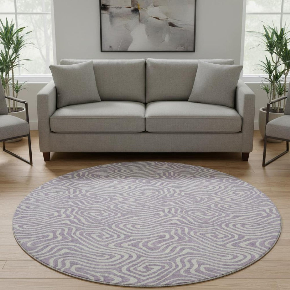 HomeRoots 8' Stylish Washable Round Rug in Lavender & Ivory - Abstract Design with UV Protection & Durability 680882