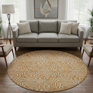 HomeRoots 8' Rust and Beige Abstract Round Rug - Washable, UV Protected, Stain Resistant for Family Homes 680894