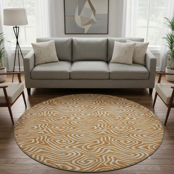 HomeRoots 8' Rust and Beige Abstract Round Rug - Washable, UV Protected, Stain Resistant for Family Homes 680894