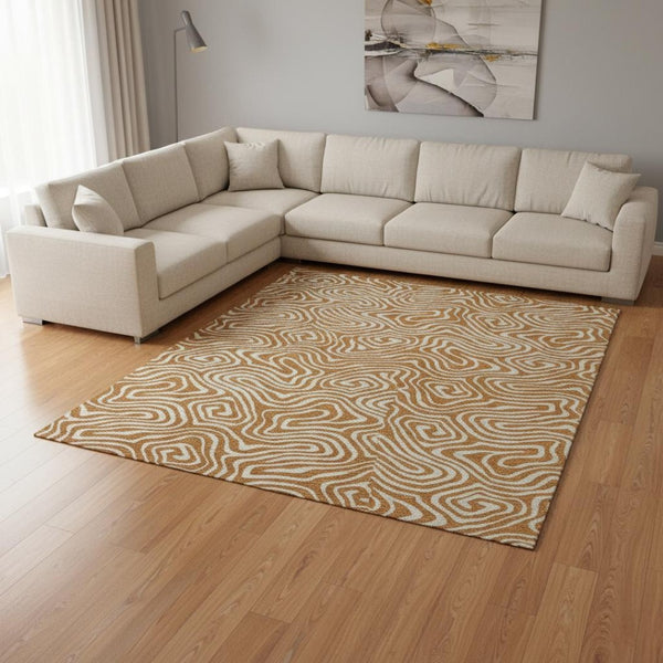 HomeRoots 10' X 14' Rust & Beige Abstract Area Rug - Washable, UV-Protected, Stylish for High-Traffic Areas 680897