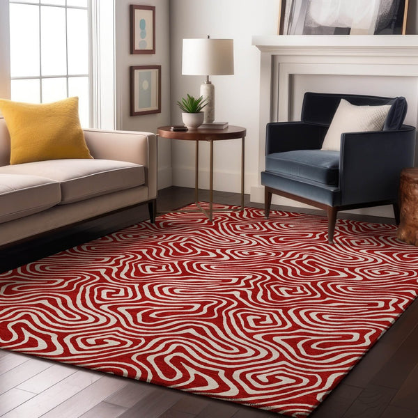 HomeRoots 5' X 8' Red And Ivory Abstract Washable Area Rug - Durable, Stain-Resistant, UV Protected Design! 680899