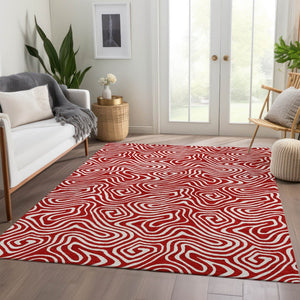 HomeRoots 5' X 8' Red And Ivory Abstract Washable Area Rug - Durable, Stain-Resistant, UV Protected Design! 680899