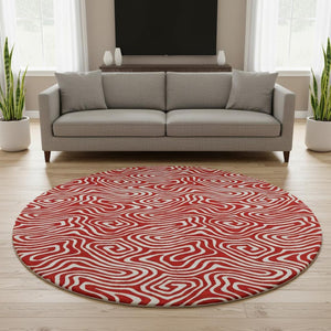 HomeRoots 8' Red And Ivory Abstract Round Rug - Washable, UV-Protected, Perfect for Active Homes & Patios 680900