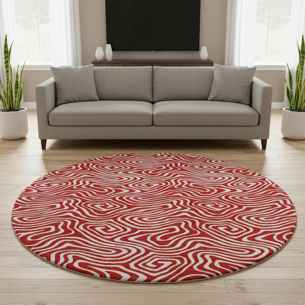 HomeRoots 8' Red And Ivory Abstract Round Rug - Washable, UV-Protected, Perfect for Active Homes & Patios 680900