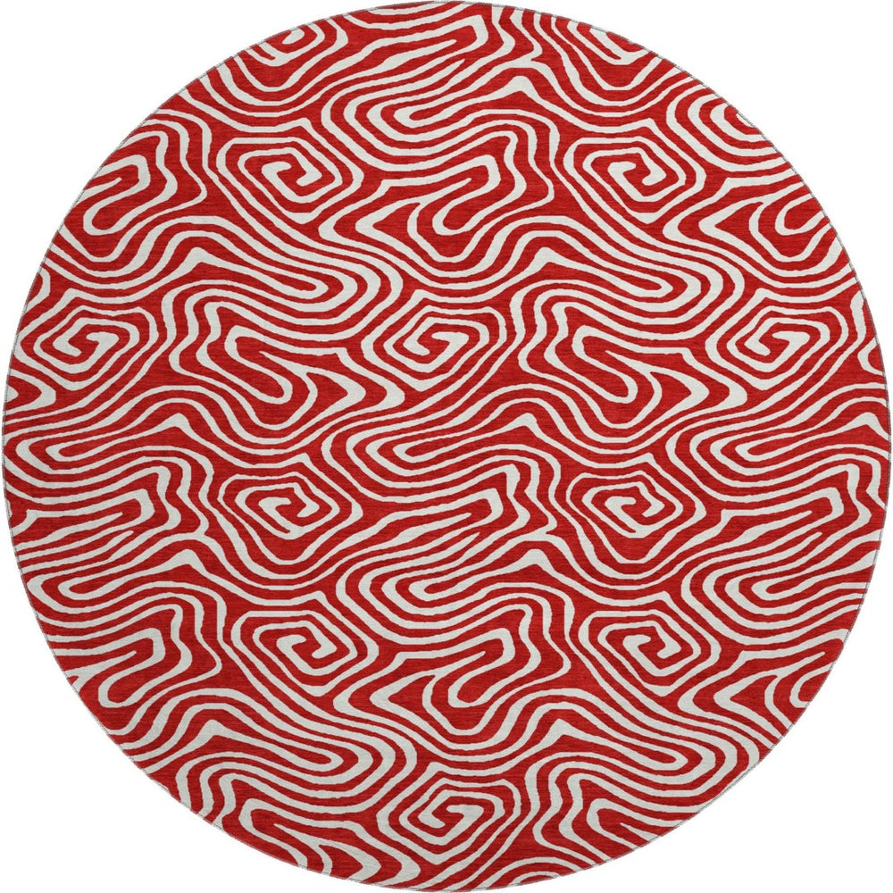 HomeRoots 8' Red And Ivory Abstract Round Rug - Washable, UV-Protected, Perfect for Active Homes & Patios 680900