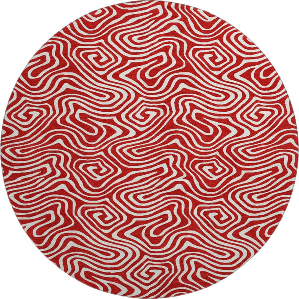 HomeRoots 8' Red And Ivory Abstract Round Rug - Washable, UV-Protected, Perfect for Active Homes & Patios 680900