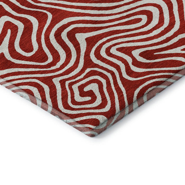 HomeRoots 8' Red And Ivory Abstract Round Rug - Washable, UV-Protected, Perfect for Active Homes & Patios 680900