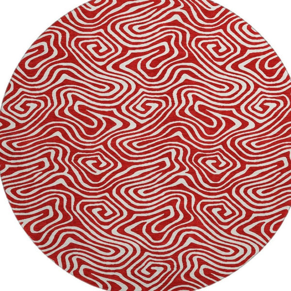 HomeRoots 8' Red And Ivory Abstract Round Rug - Washable, UV-Protected, Perfect for Active Homes & Patios 680900