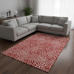 HomeRoots 8' X 10' Red And Ivory Abstract Washable Area Rug – Stain Resistant, UV Protected, Perfect for Homes! 680901