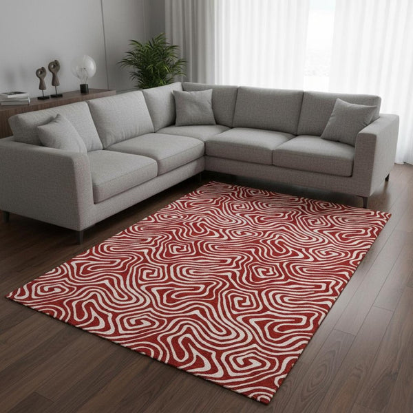 HomeRoots 8' X 10' Red And Ivory Abstract Washable Area Rug – Stain Resistant, UV Protected, Perfect for Homes! 680901