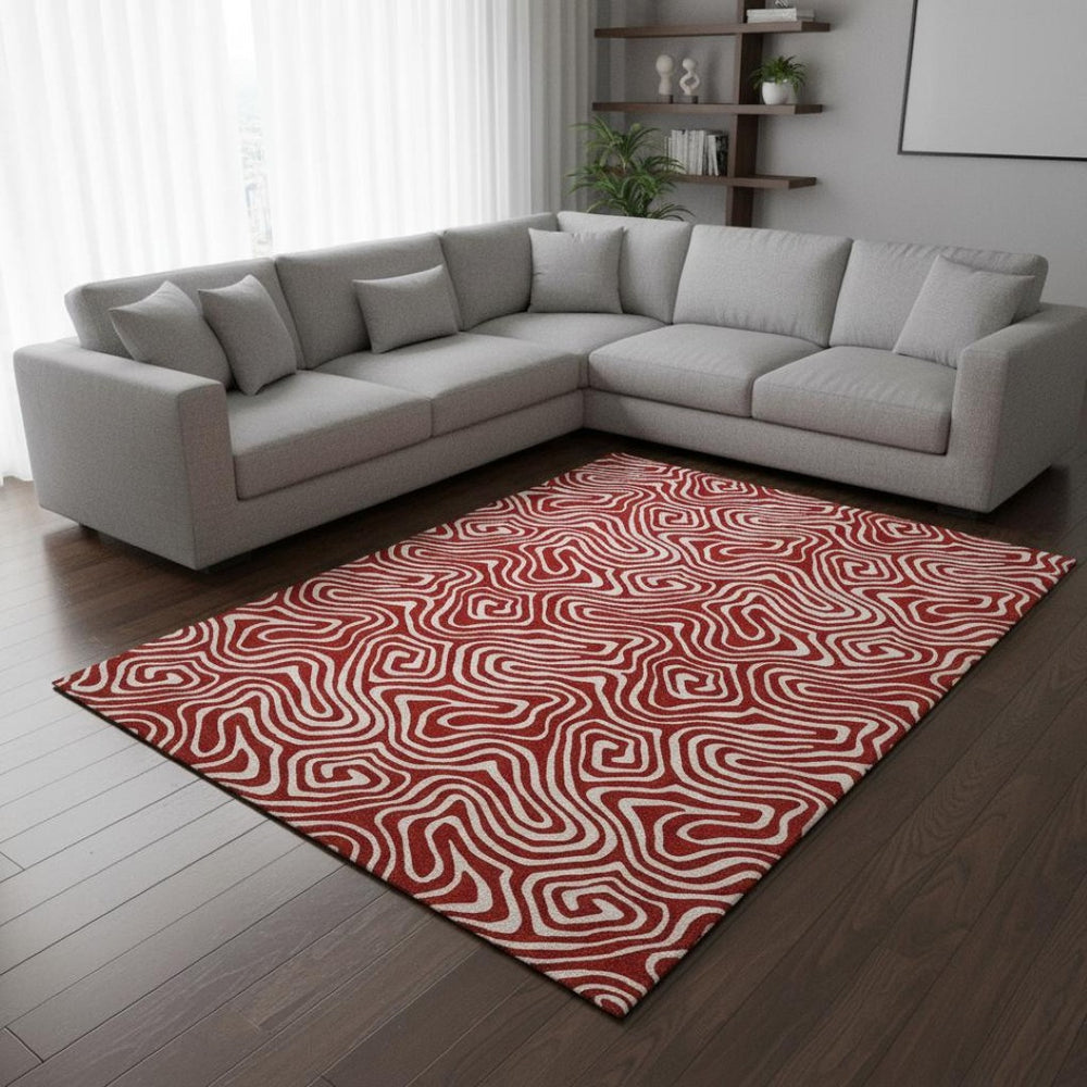 HomeRoots 9' x 12' Red and Ivory Abstract Area Rug - Washable, UV-Protected, Durable Design for Modern Homes 680902