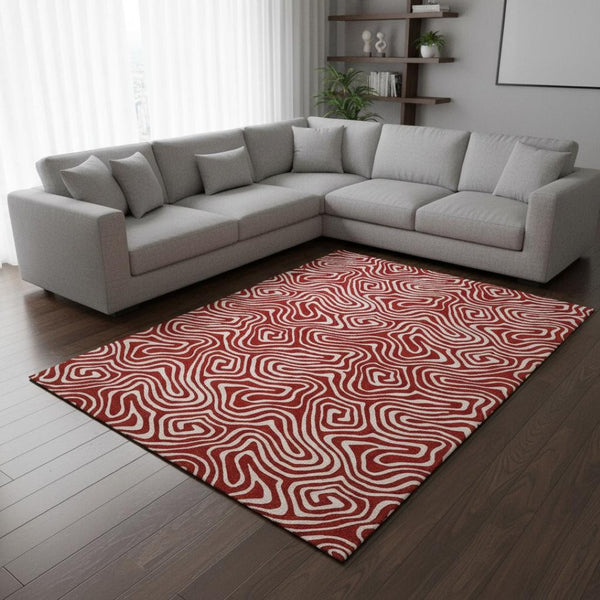 HomeRoots 9' x 12' Red and Ivory Abstract Area Rug - Washable, UV-Protected, Durable Design for Modern Homes 680902