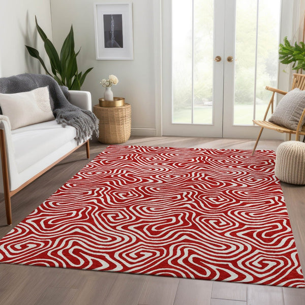 HomeRoots 9' x 12' Red and Ivory Abstract Area Rug - Washable, UV-Protected, Durable Design for Modern Homes 680902