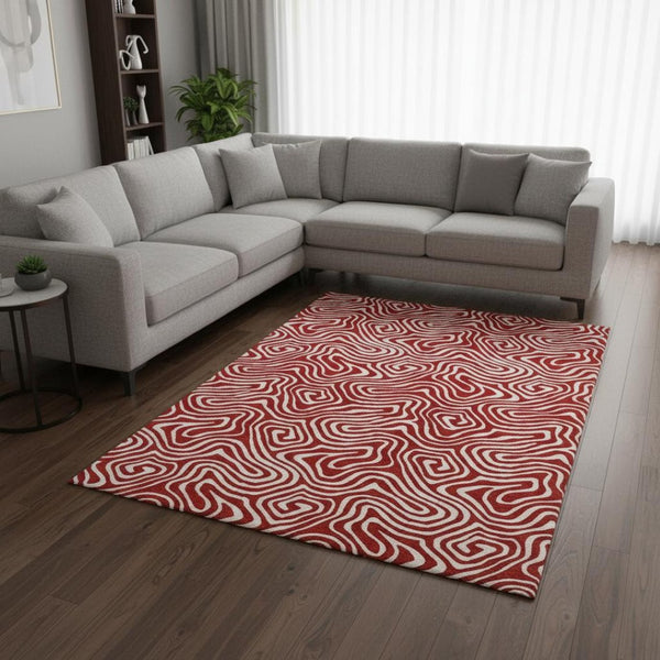 HomeRoots 10' X 14' Red And Ivory Abstract Area Rug - Durable, Washable, UV-Protected for Modern Living Spaces 680903