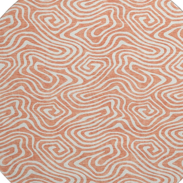 HomeRoots 8' Salmon and Ivory Abstract Round Rug - Washable, UV Protected, Durable, and Stylish Home Accent 680906