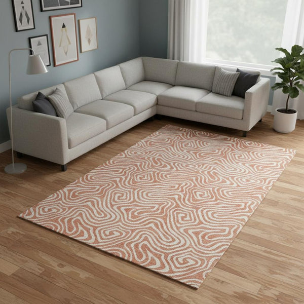 HomeRoots 10' X 14' Salmon & Ivory Abstract Washable Area Rug - UV Protected, Durable & Stain Resistant Design 680909