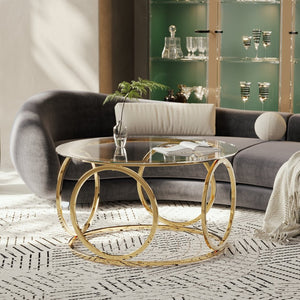 English Elm 31.50'' Round Chrome Ring Glass Coffee Table Two Tier Smoked Tempered Top Modern Living Room W757P412798