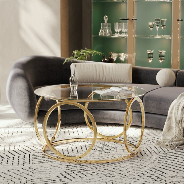English Elm 31.50'' Round Chrome Ring Glass Coffee Table Two Tier Smoked Tempered Top Modern Living Room W757P412798