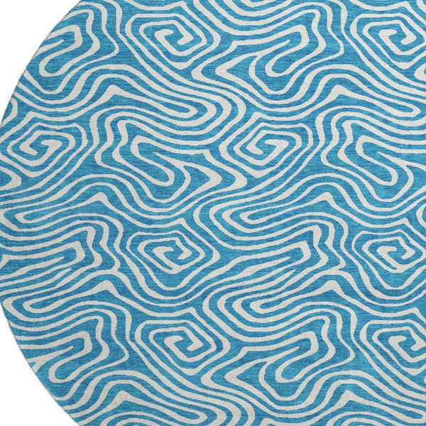 HomeRoots 8' Teal And Ivory Abstract Round Rug - Stylish, Washable, UV Protected for Modern Living Spaces 680912