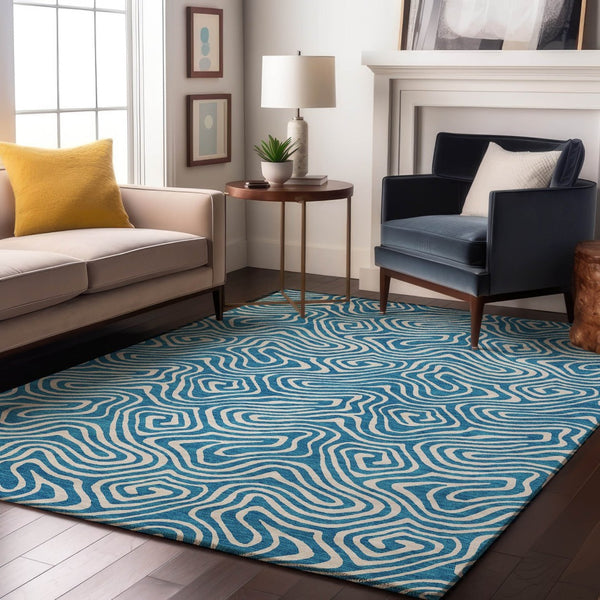 HomeRoots 8' X 10' Teal and Ivory Abstract Washable Area Rug - Durable, Stylish, UV-Protected for Busy Homes 680913