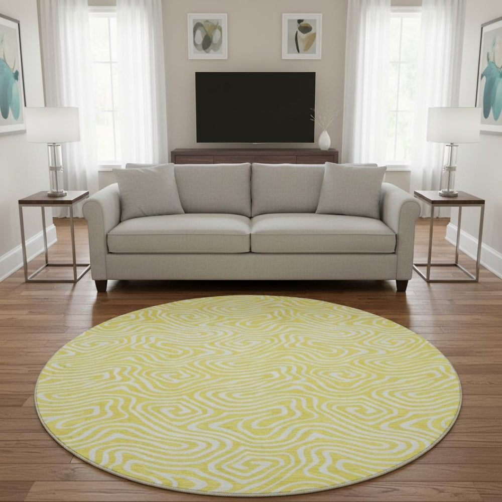 HomeRoots 8' Yellow And Ivory Abstract Round Rug – Washable, UV-Protected, Durable for Kids & Pets, 8ft Statement Piece 680924
